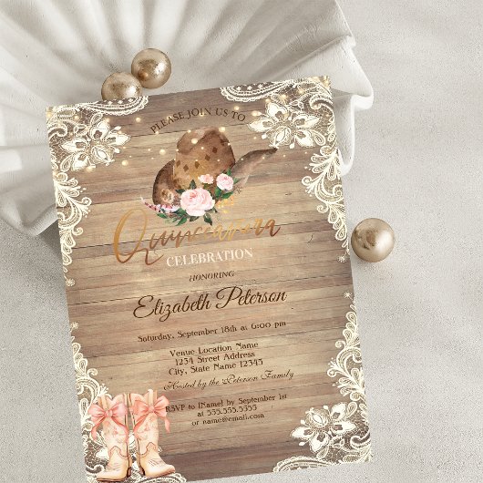 Invitation Rustic Lights Lace Cowboy Hat Boots Quinceañera