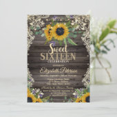 Invitation Rustic Lights,Lace Sunflowers Dark Wood Sweet 16  (Debout devant)