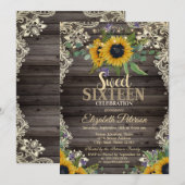 Invitation Rustic Lights,Lace Sunflowers Dark Wood Sweet 16  (Devant / Derrière)
