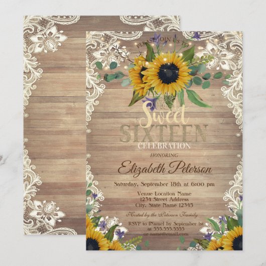 Invitation Rustic Lights,Lace Sunflowers Sweet 16 Party (Devant / Derrière)