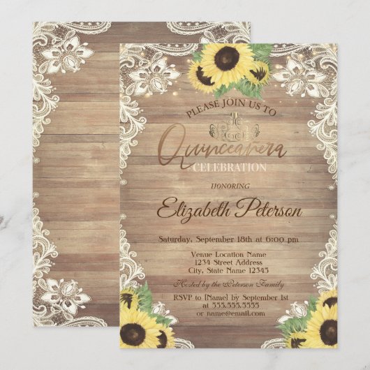 Invitation Rustic Lights,Tiara,Lace Sunflowers Quinceañera (Devant / Derrière)