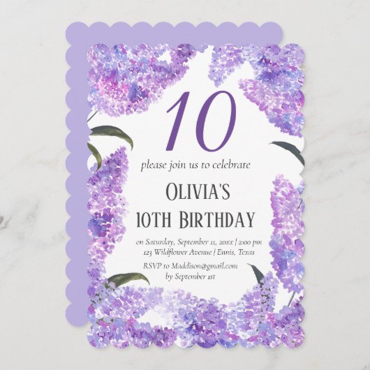 Invitation Rustic Lilac 10e anniversaire Fleur sauvage Annive (Devant / Derrière)