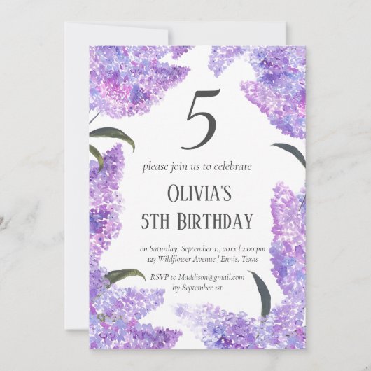 Invitation Rustic Lilac 5e anniversaire Fleur sauvage Anniver (Devant)