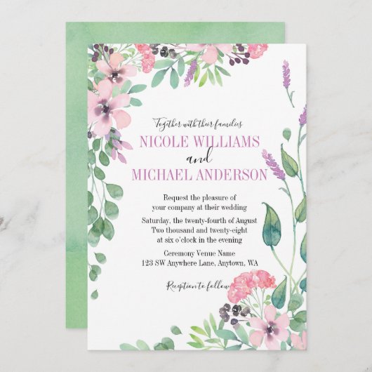 Invitation RUSTIC Lilac aquarelle pivoine MARIAGE de feuillag (Devant / Derrière)