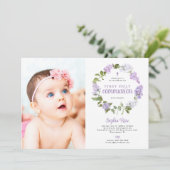 Invitation Rustic Lilac Flowers Photo First Holy Communion (Debout devant)