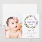 Invitation Rustic Lilac Flowers Photo First Holy Communion (Devant / Derrière)