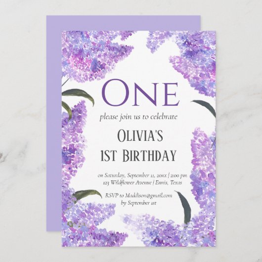 Invitation Rustic Lilac Premier anniversaire Fleur sauvage An (Devant / Derrière)