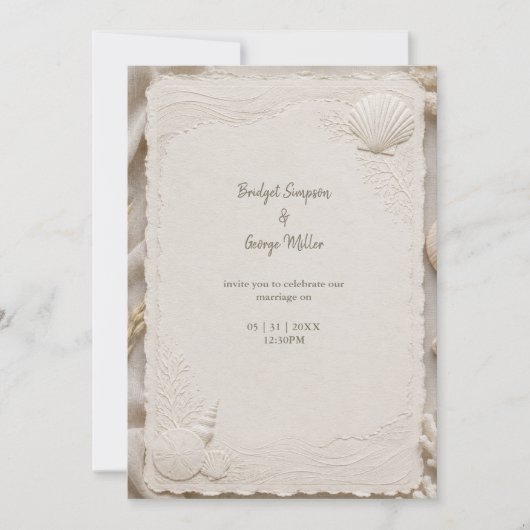 Invitation Rustic Linen Coastal Wedding Seashells (Devant)