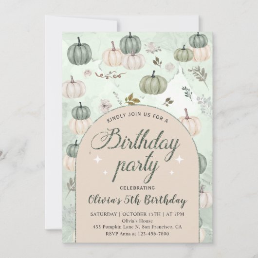 Invitation Rustic Little Citrouille Fall Green Anniversaire P (Devant)