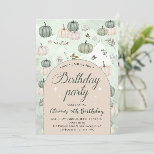 Invitation Rustic Little Citrouille Fall Green Anniversaire P (Debout devant)