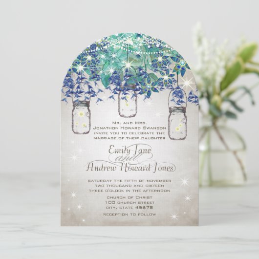 Invitation Rustic Luxe Navy et Turquoise Mason Jar (Debout devant)