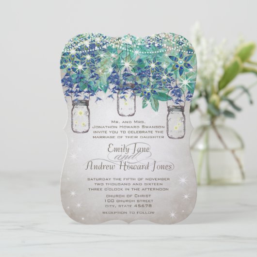 Invitation Rustic Luxe Navy et Turquoise Mason Jar (Debout devant)