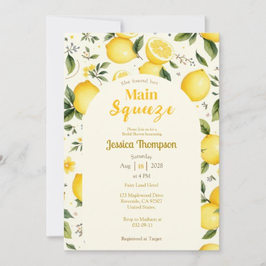 Invitation Rustic Main Squeeze citron douche nuptiale moderne (Devant)