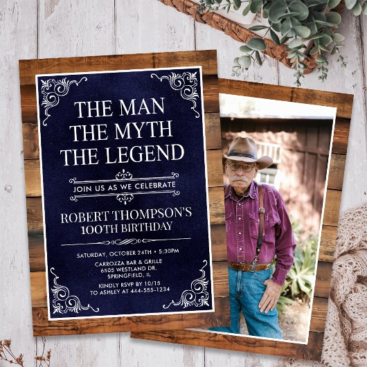 Invitation Rustic Man Myth Legend Photo 100th Birthday