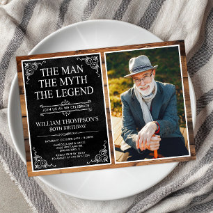 Invitation Rustic Man Myth Légende Black 80th Birthday Photo