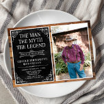 Invitation Rustic Man Myth Légende Black 90th Birthday Photo<br><div class="desc">C'Est L'Homme Le Mythe La LÉGENDE ! Sa vie a été une aventure extraordinaire et il est temps de célébrer son héritage et lui. Cette grange naturelle papier noir texturé avec type blanc et blanc rayé coin 90ème anniversaire invitation avec l'invité de la photo d'honneur est parfait pour inviter amis...</div>