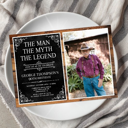 Invitation Rustic Man Myth Légende Black 90th Birthday Photo
