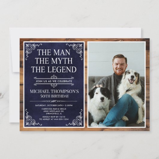 Invitation Rustic Man Myth Légende Bleu 50e anniversaire Phot (Devant)
