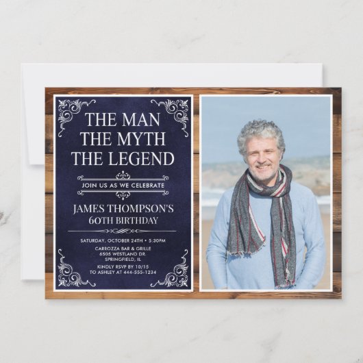 Invitation Rustic Man Myth Légende Bleu 60e anniversaire Phot (Devant)