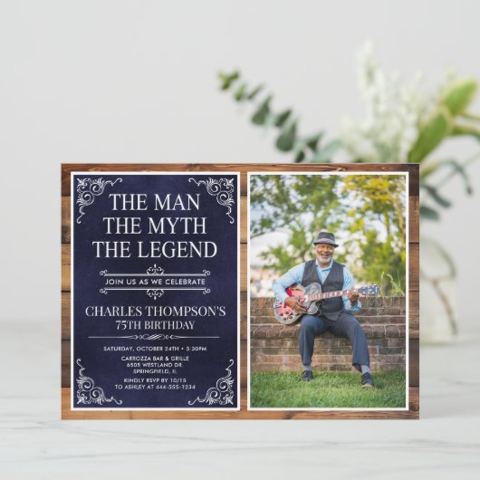 Invitation Rustic Man Myth Légende Bleu 75ème anniversaire Ph (Debout devant)