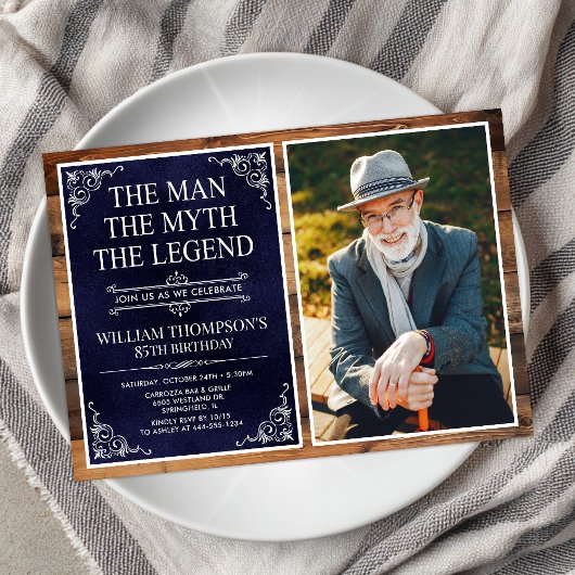 Invitation Rustic Man Myth Légende Bleu 85ème anniversaire Ph