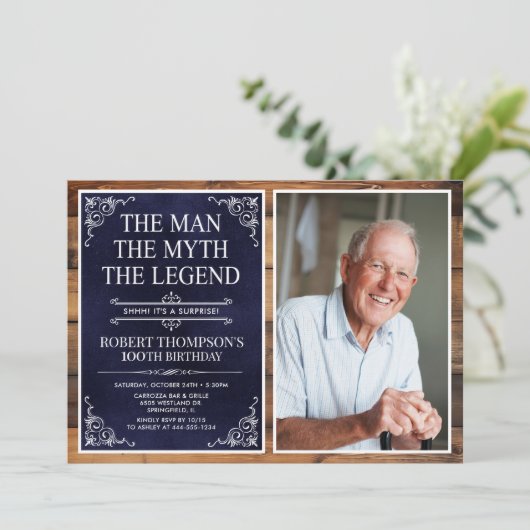 Invitation Rustic Man Myth Légende Surprise 100e anniversaire (Debout devant)