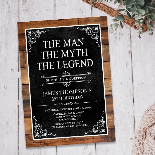 Invitation Rustic Man Myth Légende Surprise 65e anniversaire