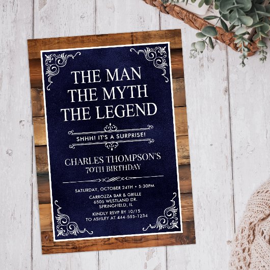 Invitation Rustic Man Myth Légende Surprise 70e anniversaire