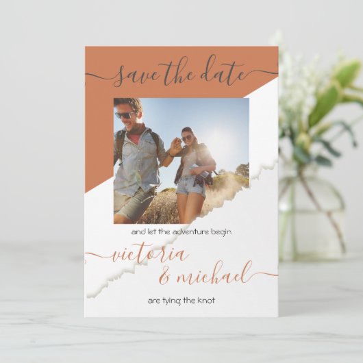 Invitation Rustic Mariage Adventure Photo Enregistrer la date (Debout devant)