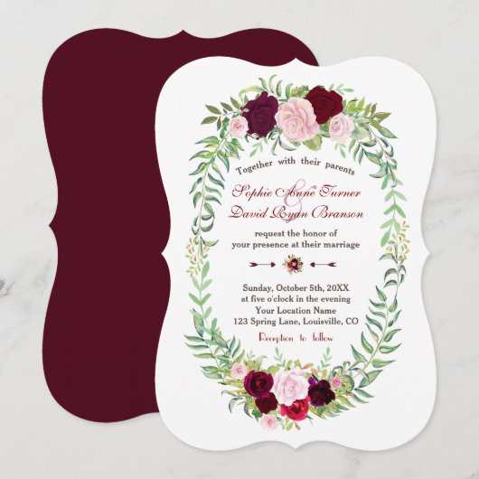 Invitation Rustic Marsala Floral Wreath Burgundy Wedding (Devant / Derrière)