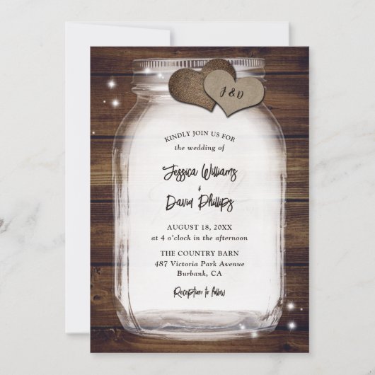 Invitation Rustic Mason Jar Burlap Coeurs Grange Mariage en b (Devant)