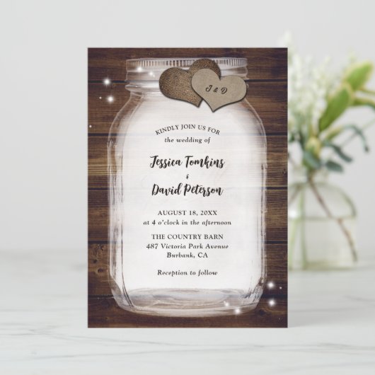 Invitation Rustic Mason Jar Burlap Coeurs Grange Mariage en b (Debout devant)