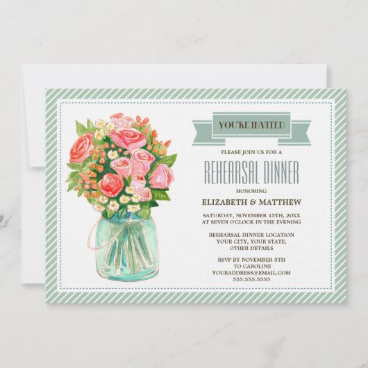 Invitation Rustic Mason Jar Dîner De Répétition Florale  (Devant)