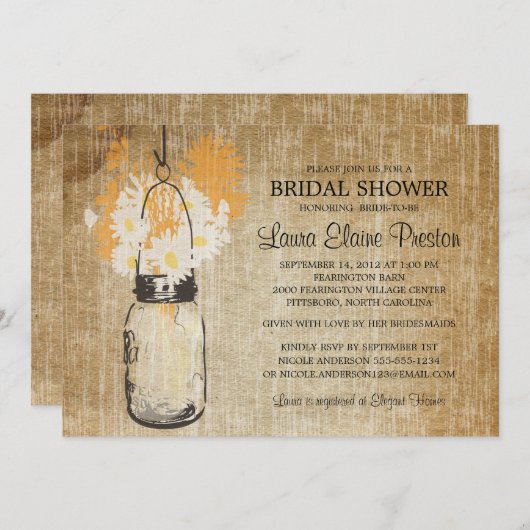 Invitation Rustic Mason Jar et Fleur sauvage Daisies (Devant / Derrière)