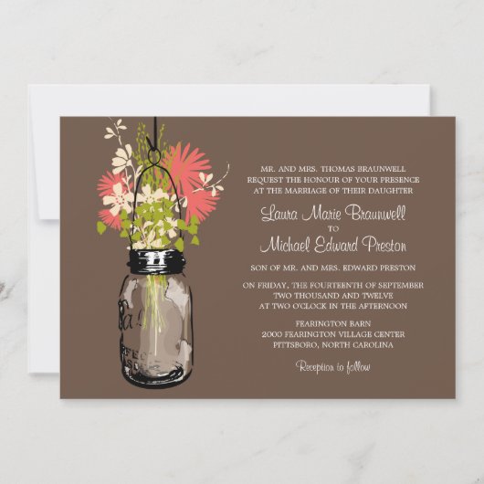 Invitation Rustic Mason Jar et Mariage Fleur sauvage (Devant)