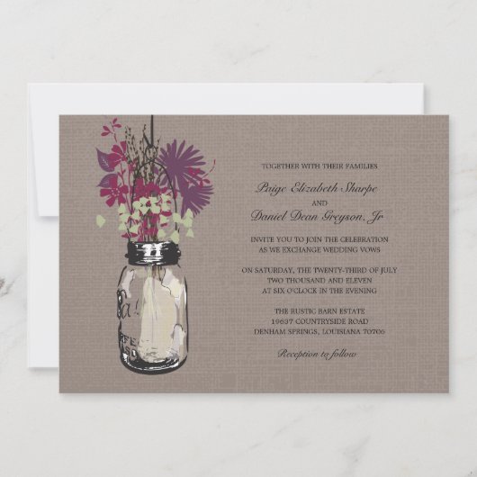 Invitation Rustic Mason Jar et Mariage Fleur sauvage (Devant)