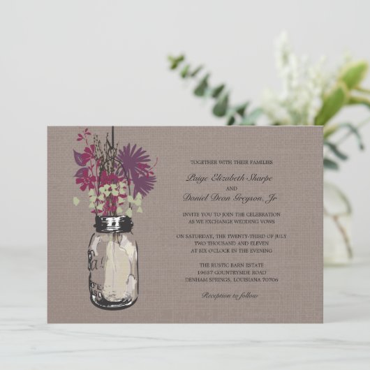 Invitation Rustic Mason Jar et Mariage Fleur sauvage (Debout devant)
