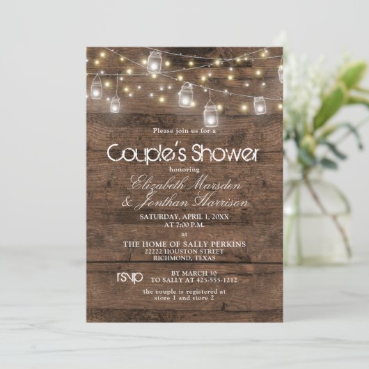 Invitation Rustic Mason Jar et String Lights Couple's Shower (Debout devant)