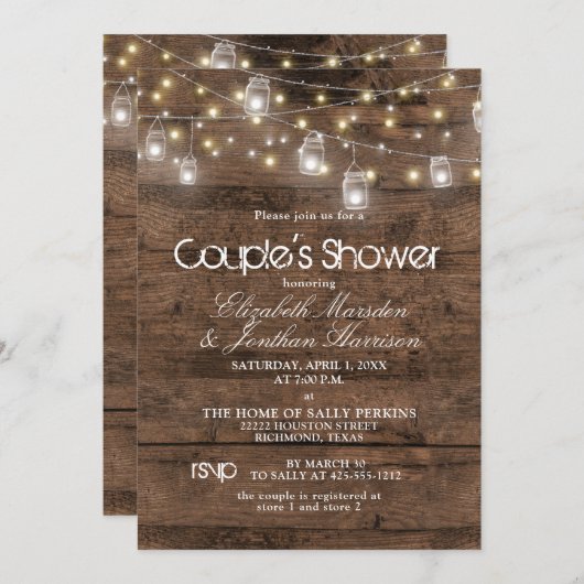 Invitation Rustic Mason Jar et String Lights Couple's Shower (Devant / Derrière)