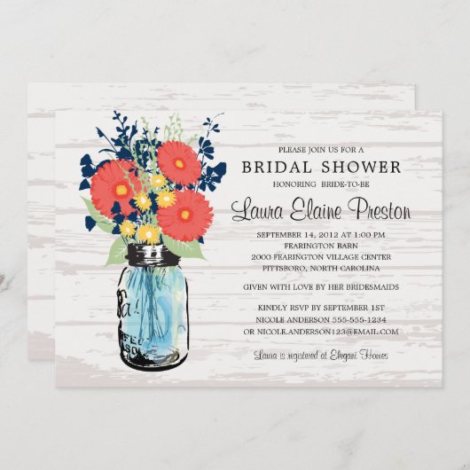 Invitation Rustic Mason Jar Gerber Daisies Fête des mariées (Devant / Derrière)