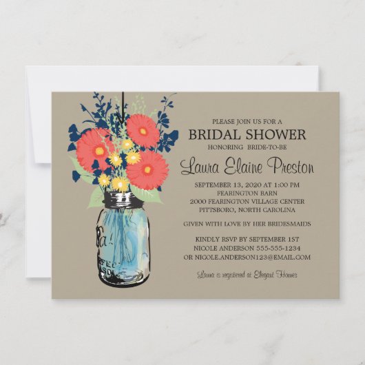 Invitation Rustic Mason Jar Gerber Daisies Fête des mariées (Devant)