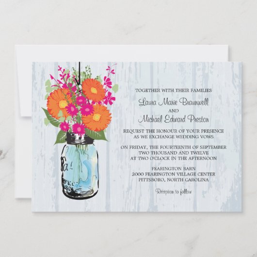 Invitation Rustic Mason Jar & Gerber Daisies Mariage (Devant)