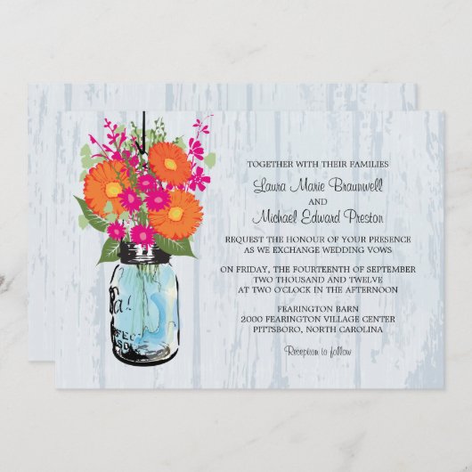 Invitation Rustic Mason Jar & Gerber Daisies Mariage (Devant / Derrière)