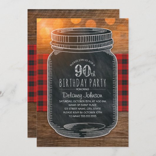 Invitation Rustic Mason Jar Jardin 90e fête d'anniversaire (Devant / Derrière)