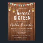 Invitation Rustic Mason Jar Lights Sweet 16 Anniversaire Fête<br><div class="desc">Rustic Mason Jar Lights Sweet 16 Anniversaire Invitation de fête - Pays, invitation rustique est sur un arrière - plan en bois avec une bannière et des lumières à cordes de mât. Vous pouvez facilement personnaliser votre invitation à l'aide de notre outil de conception facile à utiliser. Pour customiser les...</div>