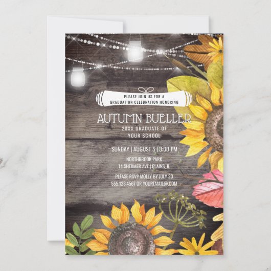 Invitation Rustic Mason Jar Lights tournesol photo Graduation (Dos)