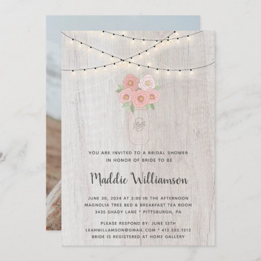 Invitation Rustic Mason Jar Lumières florales Fête des mariée (Devant / Derrière)