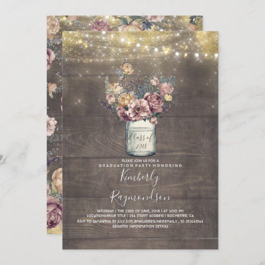 Invitation Rustic Mason Jar Mauve et Gold Graduation Party (Devant / Derrière)