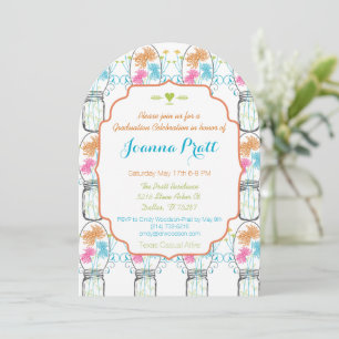 Invitation Rustic Mason Jar Pink Coral Aqua Floral Graduation