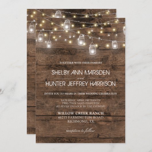 Invitation Rustic Mason Jars Éclairage à cordes Mariage photo (Devant / Derrière)
